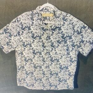 Navy Leaf Print Casual Button Down Shirt